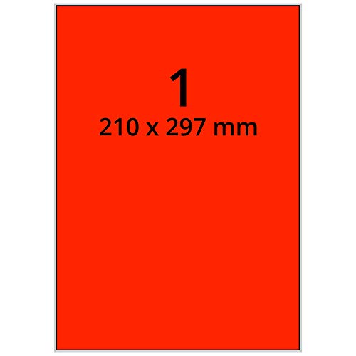 Labelident farbige Etiketten DIN A4 leuchtrot - 210 x 297 mm - 100 Papier Farbetiketten auf 100 Blatt, Laser Etiketten farbig selbstklebend, bedruckbar von Labelident