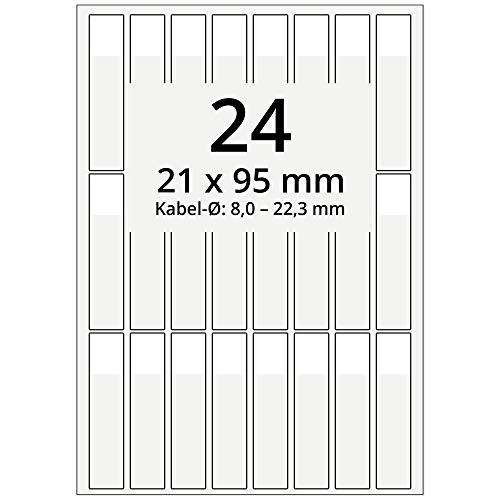 Labelident selbstlaminierende Kabeletiketten, transparent - 21 x 95 mm - 2.400 Kabelmarkierer selbstklebend auf 100 DIN A4 Bogen, glänzend, für Kabel-Ø 8,0 bis 22,3 mm von Labelident