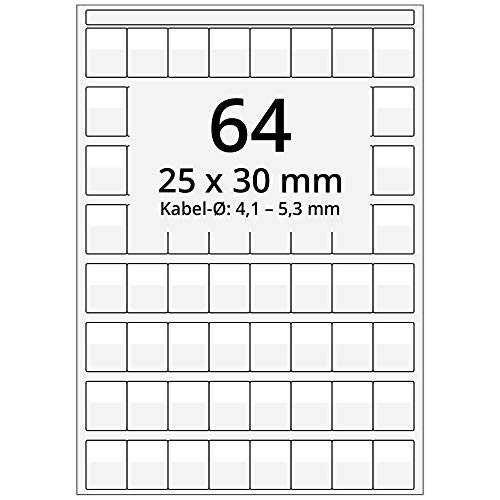 Labelident selbstlaminierende Kabeletiketten, transparent - 25 x 30 mm - 6.400 Kabelmarkierer selbstklebend auf 100 DIN A4 Bogen, hochklar, für Kabel-Ø 4,1 bis 5,3 mm von Labelident