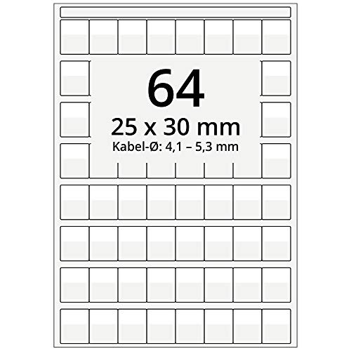 Labelident selbstlaminierende Kabeletiketten, transparent - 25 x 30 mm - 6.400 Kabelmarkierer selbstklebend auf 100 DIN A4 Bogen, glänzend, für Kabel-Ø 4,1 bis 5,3 mm. von Labelident