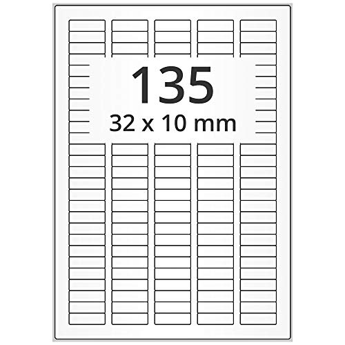 Labelident wetterfeste Folienetiketten weiß matt - 32 x 10 mm - 13500 PET Polyester Etiketten feuchtigkeitsbeständig auf 100 Blatt DIN A4 Bogen, selbstklebend von Labelident
