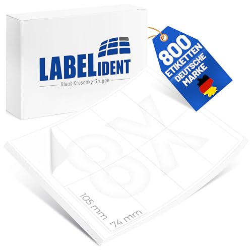 Laser-Etiketten auf A4 Bogen, weiß - 105 x 74 mm - 800 Papier Aufkleber auf 100 Blatt, selbstklebende Universal Klebeetiketten Laser-Etiketten auf A4 Bogen, weiß - 105 x 74 mm - 800 Papier Aufkleber auf 100 Blatt, selbstklebende Universal Klebeetiketten von Labelident