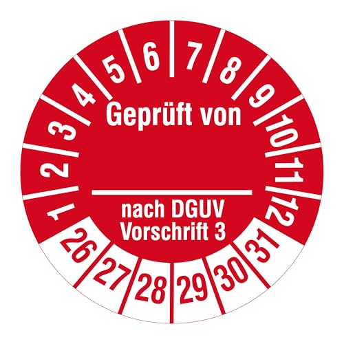 Mehrjahresprüfplaketten 2026-2031 - Geprüft DGUV V 3 - Ø 30 mm, 1.000 widerstandsfähige Prüfplaketten auf Rolle, Polyethylen, rot, selbstklebend von Labelident