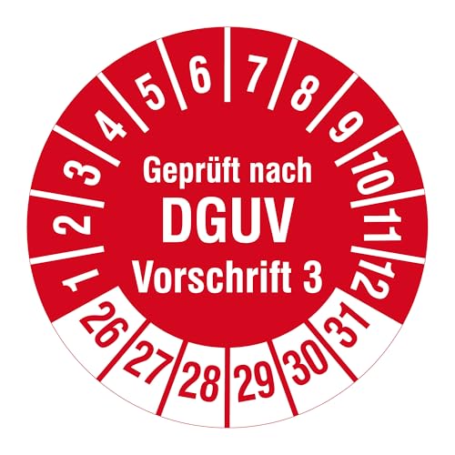 Mehrjahresprüfplaketten 2026-2031 - Geprüft nach DGUV Vorschrift 3 - Ø 20 mm, 1.000 widerstandsfähige Prüfplaketten auf Rolle, Polyethylen, rot, selbstklebend von Labelident