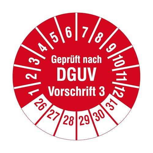 Mehrjahresprüfplaketten 2026-2031 - Geprüft nach DGUV Vorschrift 3 - Ø 20 mm, 1.000 widerstandsfähige Prüfplaketten auf Rolle, Polyethylen, rot, selbstklebend von Labelident