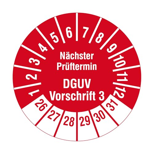 Mehrjahresprüfplaketten 2026-2031 - Nächster Prüftermin DGUV Vorschrift 3 - Ø 20 mm, 1.000 widerstandsfähige Prüfplaketten auf Rolle, Polyethylen, rot, selbstklebend von Labelident
