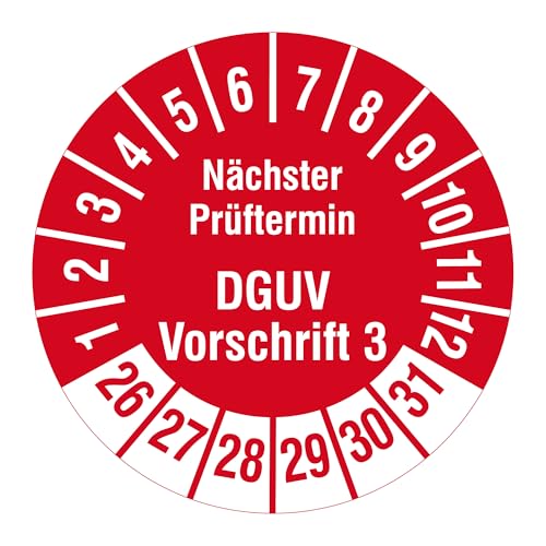 Mehrjahresprüfplaketten 2026-2031 - Nächster Prüftermin DGUV Vorschrift 3 - Ø 30 mm, 1.000 widerstandsfähige Prüfplaketten auf Rolle, Polyethylen, rot, selbstklebend von Labelident