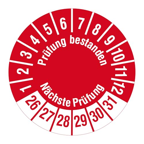 Mehrjahresprüfplaketten 2026-2031 - Prüfung bestanden/Nächste Prüfung - Ø 30 mm, 1.000 widerstandsfähige Prüfplaketten auf Rolle, Polyethylen, rot von Labelident