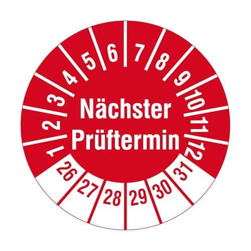Mehrjahresprüfplaketten Nächster Prüftermin 2026-2031 - Ø 20 mm - 1.000 Prüfplaketten auf Rolle, Polyethylen, Prüfetiketten rot-weiß von Labelident