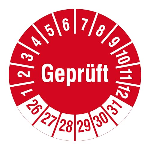Prüfplaketten Geprüft 2026-2031 - Ø 30 mm - 1.000 widerstandsfähige Mehrjahresprüfplaketten auf Rolle, Polyethylen, Prüfetiketten rot-weiß, selbstklebend von Labelident