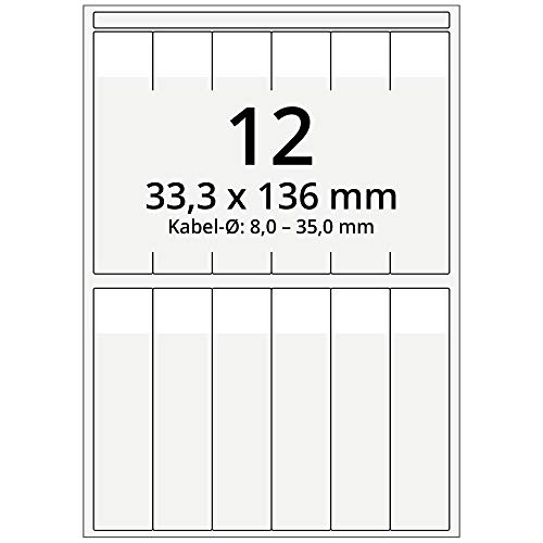 Selbstlaminierende Kabeletiketten auf DIN A4 Bogen, transparent - 33,3 x 136 mm - 1.200 Kabelmarkierer selbstklebend auf 100 Blatt, glänzend, für Kabel-Ø 8,0 bis 35,0 mm von Labelident