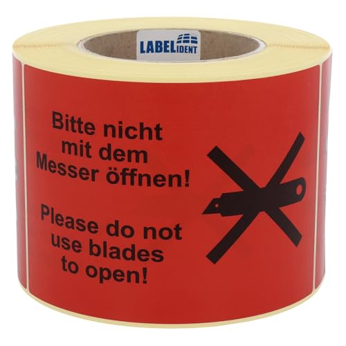 Warnetiketten 150 x 100 mm - Bitte nicht mit dem Messer öffnen/Please do not use blades to open - 500 Versandaufkleber auf 1 Rolle(n), 40 mm Kern, Papier selbstklebend von Labelident