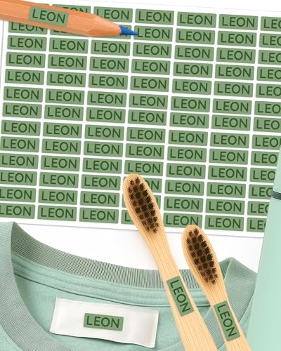 Namensaufkleber – 156 Mini personalisierte Etiketten für Stifte, Kleidung, Brotdose, Schule & Kita – wasserfest & spülmaschinenfest – BPA-frei – Labelino (Moosgrün) von Labelino