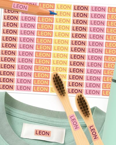 Namensaufkleber – 156 Mini personalisierte Etiketten für Stifte, Kleidung, Brotdose, Schule & Kita – wasserfest & spülmaschinenfest – BPA-frei – Labelino (Sunrise) von Labelino
