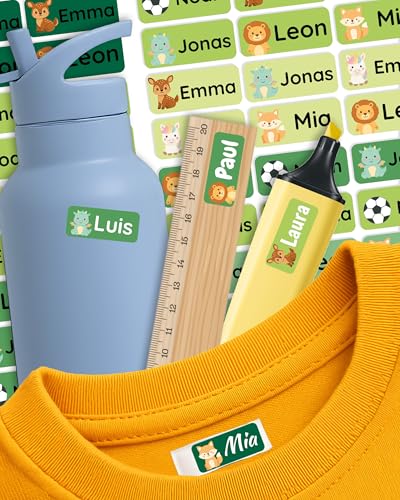 Namensaufkleber für Kinder – personalisierte Etiketten für Kleidung, Brotdosen & Schulzubehör – spülmaschinen- & waschmaschinengeeignet – selbstklebend & ablösbar – Labelino (Jungle Greens | Mix) von Labelino