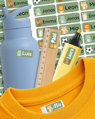 Namensaufkleber für Kinder – personalisierte Etiketten für Kleidung, Brotdosen & Schulzubehör – spülmaschinen- & waschmaschinengeeignet – selbstklebend & ablösbar – Labelino (Moosgrün) von Labelino