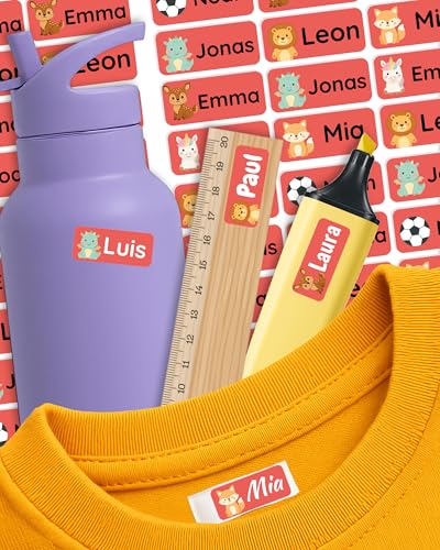 Namensaufkleber für Kinder – personalisierte Etiketten für Kleidung, Brotdosen & Schulzubehör – spülmaschinen- & waschmaschinengeeignet – selbstklebend & ablösbar – Labelino (Rot) von Labelino