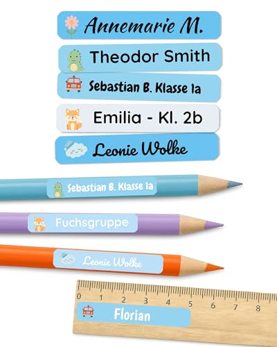 Stifteaufkleber mit Namen – personalisierte Etiketten für Stifte, Schule & Kita – wasserfest & spülmaschinenfest – langlebig & hohe Haftung – Labelino (Soft Blue | Mix) von Labelino