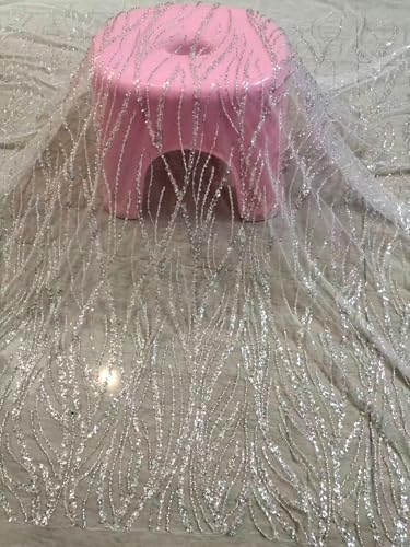 La Belleza Perlenspitzenstoff, 129,5 cm breit, einfache unregelmäßige Kurve, leicht zu schneiden, Hochzeitskleid, Spitzenstoff, Meterware (Silber-C, 2 Yard) von Labellezalady