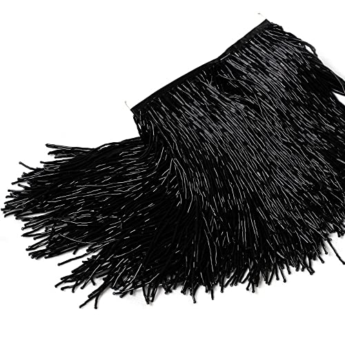 Labellezalady 15,2 cm breites schwarzes Glasperlenband mit Quaste, Fransenborte, 91 cm lang, für Bastelarbeiten, Kleidung, Dekoration, wide:6 in von Labellezalady