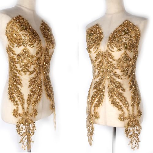 Labellezalady Goldfarbene Strass-Applikation für Ballkleider, große Bcodice-Applikation, funkelnde Brautkleid-Verzierung (63,5 x 20,9 cm) pro Paar (2 Stück) von Labellezalady