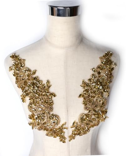 Labellezalady Luxuriöser Look, glänzende Strasssteine, 1 Paar, Applikation in Gold und Silber, Champgane, AB-Farbe, für Abschlussball, Kleid, Gürtel, Kunst, Handwerk, Nähen, Dekoration (Gold) von Labellezalady