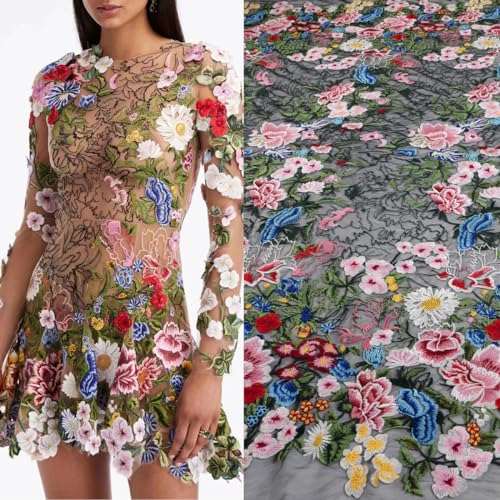 Labellezalady Schöne bunte Blumenstickerei auf Blace Tüll, hochwertiger Spitzenstoff, 91,4 x 91,4 cm, für Kleider, Heimdekoration von Labellezalady