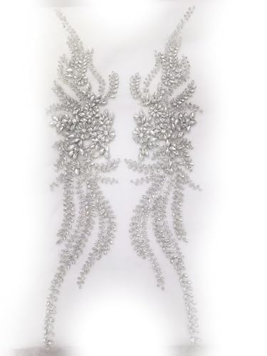 Labellezalady Silberfarbene Strass-Applikation für Ballkleider, große Bcodice-Applikation, funkelnde Brautkleid-Verzierung (63,5 x 20,1 cm) pro Paar (2 Stück) von Labellezalady
