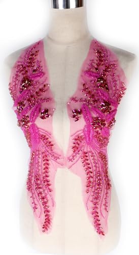 Luxuriöser Look glänzende Strass-Applikation zum Aufnähen auf Hochzeitskleid, Bankett, Abendkleid oder Fotoaufnahmen, Performance-Blätter-Blumen-Applikation (Hot Pink, 2402) von Labellezalady