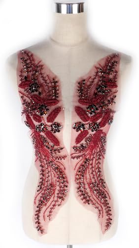 Luxuriöser Look glänzende Strass-Applikation zum Aufnähen auf Hochzeitskleid, Bankett, Abendkleid oder Fotoaufnahmen, Performance-Blätter, Blumen, Applikation (Wein, 2401) von Labellezalady