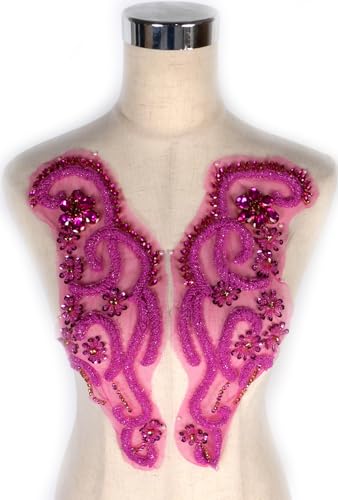 Luxuriöser Look glänzende Strass-Applikation zum Aufnähen auf Hochzeitskleid, Bankett, Abendkleid oder Fotoaufnahmen, Performance-Blätter-Blumen-Applikation (Hot Pink, 2401) von Labellezalady