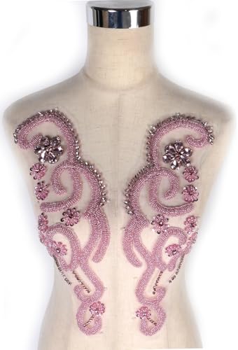 Luxuriöser Look glänzende Strass-Applikation zum Aufnähen auf Hochzeitskleid, Bankett, Abendkleid oder Fotoaufnahmen, Performance-Blätter-Blumen-Applikation (Rosa, 2401) von Labellezalady