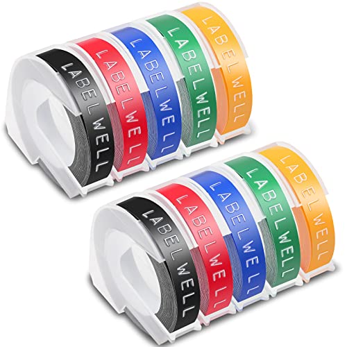 Labelwell 9mm Kompatible Prägeband als Ersatz für Dymo 3D Kunststoff Prägebändern Selbstklebend Etikettenband Weiß auf Schwarz/Rot/Blau/Gelbem/Grün für Dymo Omega und Junior Motex E-101 E-303 von Labelwell