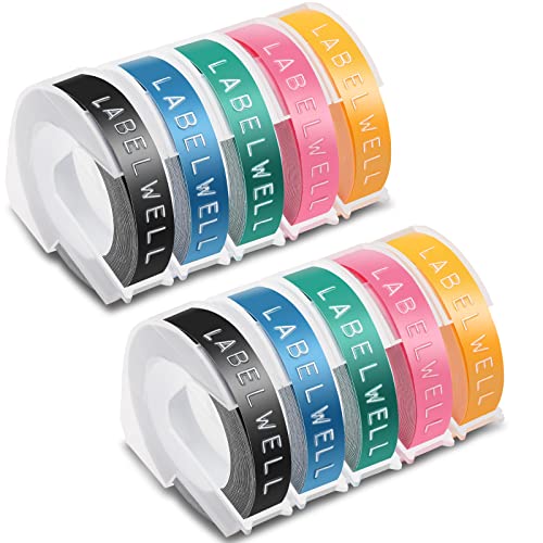 Labelwell 9mm x 3m Kompatibel Dynmo Junior Etikettenband Ersatz für Dynmo Omega Prägeband für Dynmo Omega Etikettenprägegerät Junior Prägegerät E-303 101 Labelmaker, Schwarz/See Blau Grün/Pink/Gelb von Labelwell