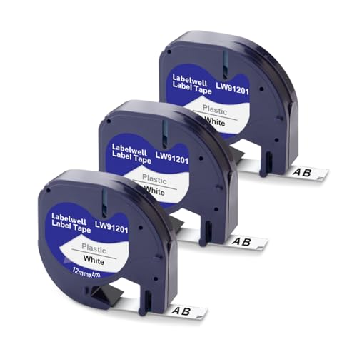 Labelwell 3x Kompatibel für Dynmo 80 XR LT-100H LT-100T 200B Etikettenband Kompatibel für Dynmo 91201/91221/ S0721660 Schriftband Schwarz auf Weiß, 12mm x 4m von Labelwell