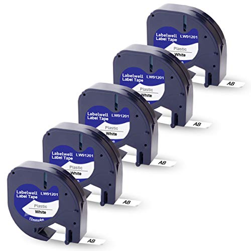 Labelwell 5x Kompatibel für Dynmo 91221 S0721660 91201 Kunststoff Schriftband Schwarz auf Weiß 12mm 0.47 für Dynmo 200B LT-100H LT-100T Plus LT-110T QX 50 XR XM 2000 80 Beschriftungsgerät von Labelwell