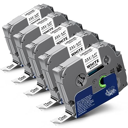 5x Labelwell kompatibel Schriftband für Brother P-Touch Bänder 12mm TZe-231 TZe231 TZ-231 Schwarz auf Weiß Laminated Tape Cassette für Brother Ptouch PT-H100LB H105 D210 PTH110 H107B PT-1000 D400 von Labelwell