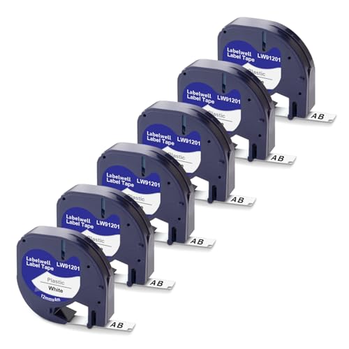 6x Labelwell Kompatibel Schriftband für Dymo 91201/91221 / S0721660 Etikettenband als Ersatz für Dymo Letratag Schwarz auf Weiß für Dymo Letratag 200B XR LT-100H LT-100T, 12mm x 4m von Labelwell