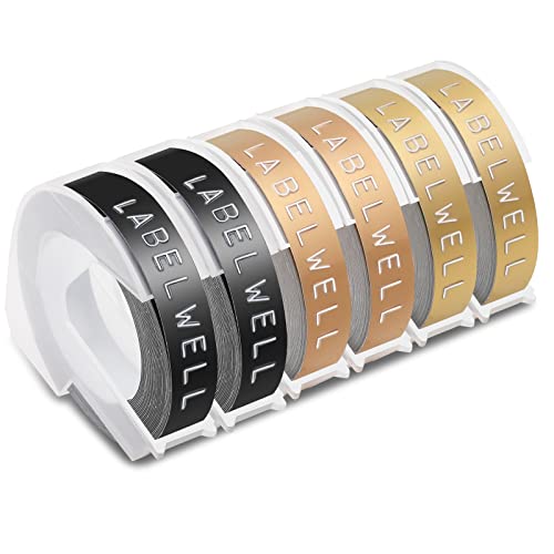 Labelwell 6x 9mm x 3m Kompatibel 3D Prägeband Ersatz für Dynmo Vinyl-Prägeetiketten Selbstklebend für Dynmo Omega Etikettenprägegerät Junior Prägegerät E-303 E-101, Schwarz/Gold/Champagnergold von Labelwell