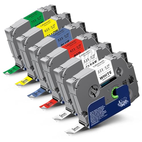 6x Labelwell kompatibel für TZe 9mm Schriftband für Brother TZe-221 TZe-121 TZe-421 TZe-521 TZe-621 TZe-721 Tape für Brother P-touch PT-H107B PT-H105 PT-H100 PT-H110 PT-P710BT E100 PT-D400 D210VP von Labelwell