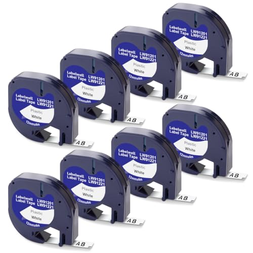 8x Labelwell Kompatibel Etikettenband für Dymo Letratag Schriftband 91201 91221 S0721660 12mm x 4m Schwarz auf Weiß Kompatibel für Dymo Letratag XR LT-100H LT-100T QX50 XM 2000 200B Beschriftungsgerät von Labelwell