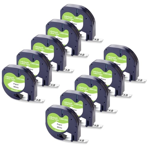Labelwell 10x Kompatibel für Dynmo Papier Schriftband 12mm x 4m 91220 91200 Etikettenband Schwarz auf Weiß Kompatibel für Dynmo 200B LT-100H XR XM LT-100T LT-110T 80 Beschriftungsgerät von Labelwell