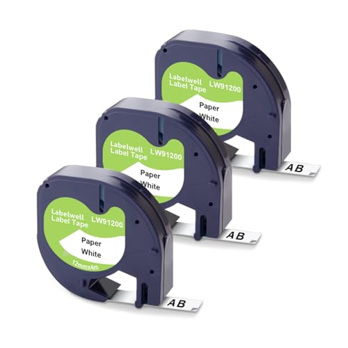 Labelwell 3x Kompatible für Dynmo Etikettenband Papier 12mm x 4m Kompatible für Dynmo 200B XR LT-100H LT-100T LT-110T LT100H 80 Beschriftungsgerät, 91220 91200 Schriftband Schwarz auf Weiß von Labelwell