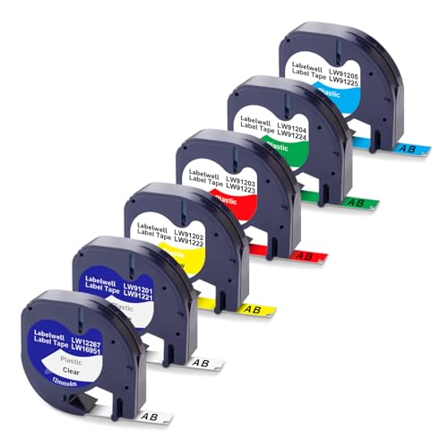 Labelwell 6x Kompatible für Dynmo Etikettenband 12mm x 4m für Dynmo XR 200B LT100H LT110T LT100T QX50 XM 2000 80 für 16951 91221 91222 91223 91224 91225 Schriftband von Labelwell