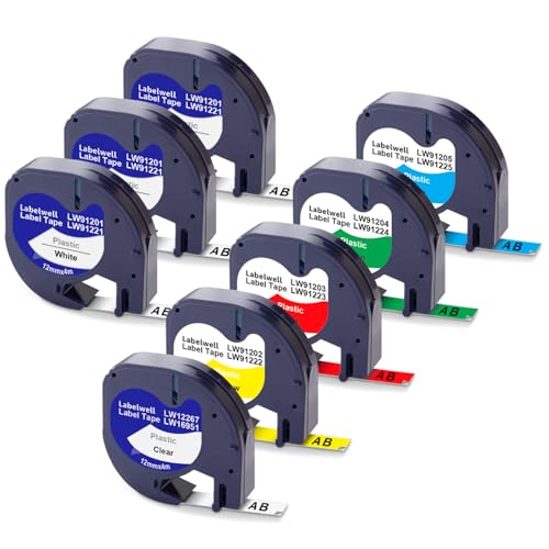 Labelwell 8x Kompatible für Dynmo Etikettenband Kompatible für Dynmo 200B XR 80 LT-100H LT-110T LT-100T QX50 XM 2000 für Schriftband 12mm x 4m 91221 16951 91222 91233 91224 91225 von Labelwell