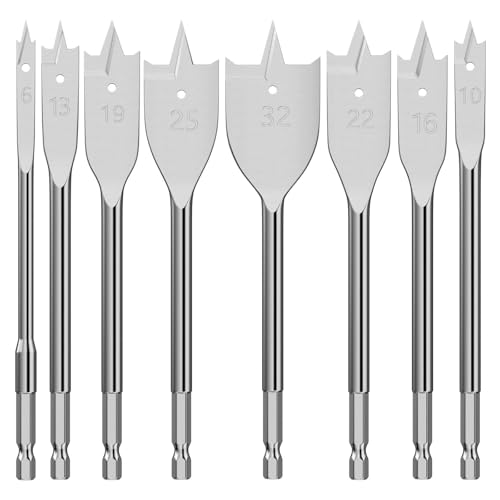 Labmilon 8-Teilig Flachfräsbohrer 1/4" Sechskantschaft, Fräsbohrer Holz, Holzbohrer mit Sechskantschaft, Fräsbohrer Set, Spatenbohrer, Flacher Holzbohrer für Weichholz für Holz, Spanplatten(6-32mm) von Labmilon