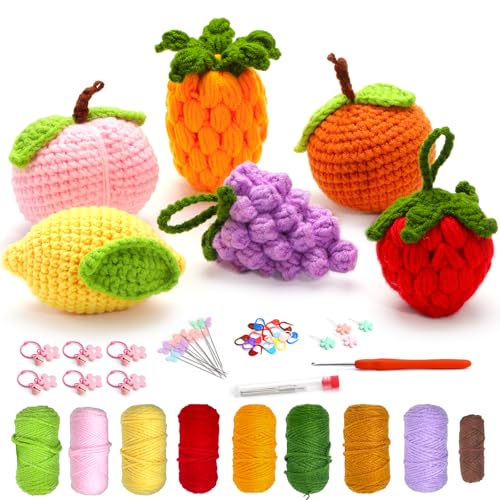 Lacabin Häkelset für Anfänger, DIY Häkelset mit Garn, Haken & Zubehör, Anfänger Häkelset Komplettes Stricken Starter Kit Früchte 6 Pack von Lacabin