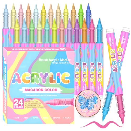 Acrylfarbstifte, Hauttöne, Marker-Set, Acrylstifte, Farbmarker für Steinmalerei, Cermic, Glas, Stein, Acrylfarbstifte auf Wasserbasis mit 1–5 mm flexibler Pinselspitze (24 Macaron-Pack Box) von Laconile