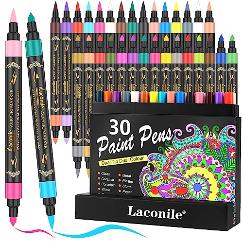 Laconile 30 Acryl Marker Stifte mit 60 Farben, Acrylstifte für Steine Wasserfest, Dual Tip Acryl Paint Marker Acrylstifte Wasserfest für Glasstein Holz Keramik Stoff Kunstgewerbe von Laconile