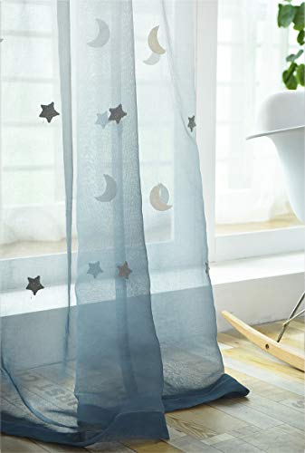 Lactraum Gardine Kinderzimmer Mädchen Junge Tranparent Bestickt Stern Mond Voile blau Gradient mit Ösen Sonde 200 x 245 cm (BxH) von Lactraum